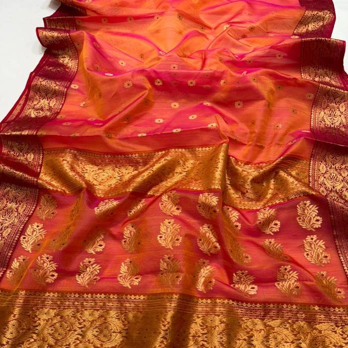 Orange Chanderi Pure Katan Silk Organza Saree
