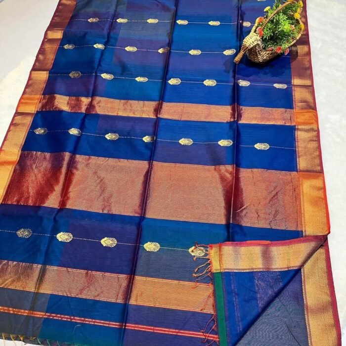 Maheshwari Handloom Shaded Saree with Golden Zari Border & Big Buttis